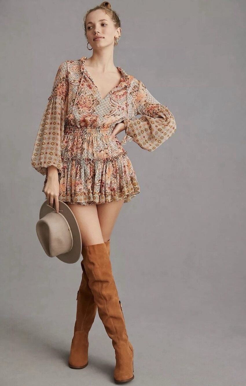 Misa Los Angeles Elisabetta Long Sleeve Dress Floral Tile Mix Womens Size Small